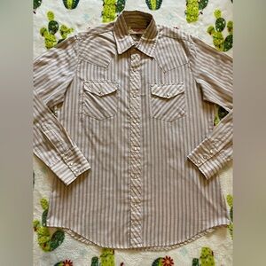 Vtg 70s/80s Youngbloods Authentic Western Beige/Tan Stripe Pearl Snap Shirt